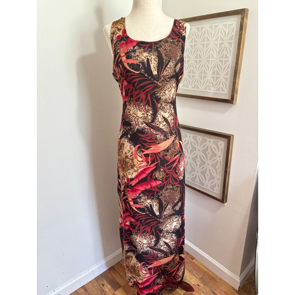 Studio Ease Tropical Animal Print‎ Maxi Dress Size 12 Red Brown Y2K Resort Bold